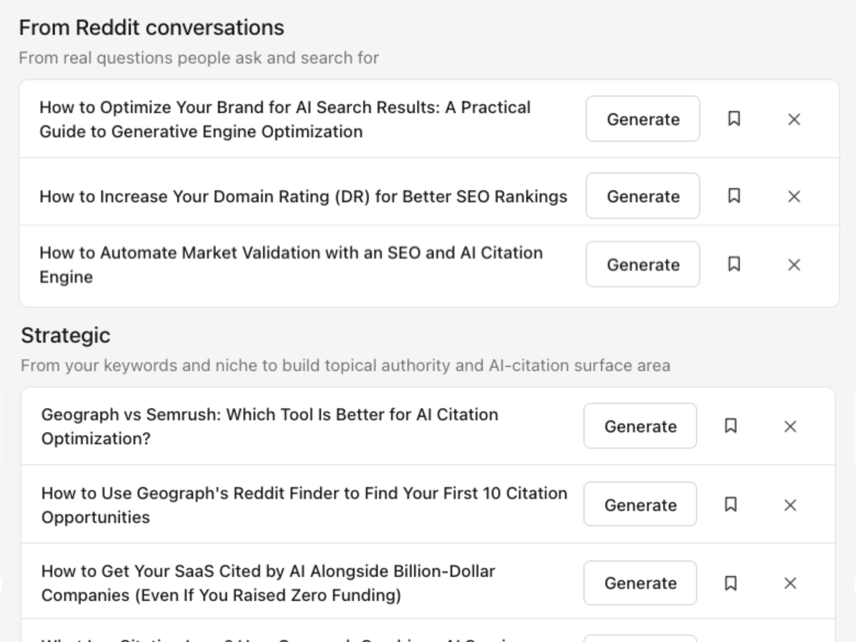 Article suggestions list, grouped by source: from Reddit conversations and strategic topics, each with a Generate button