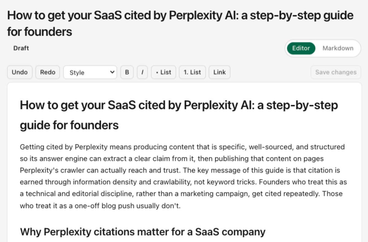 A generated draft article open in the editor, ready for review before publishing