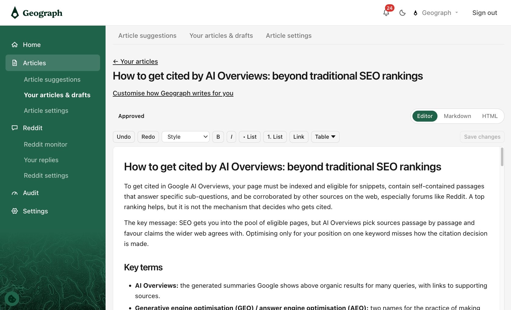 The Geograph article editor, showing an approved article on getting cited by AI Overviews