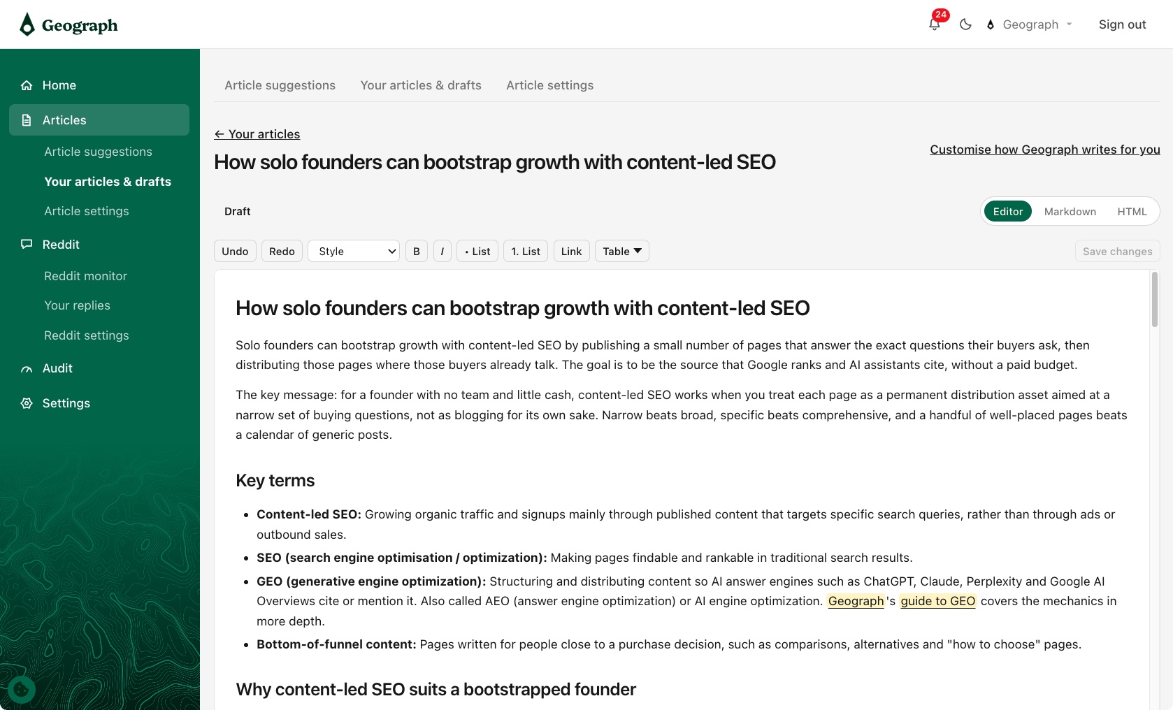 The Geograph article editor, with a drafted article on content-led SEO and backlinks highlighted in the text