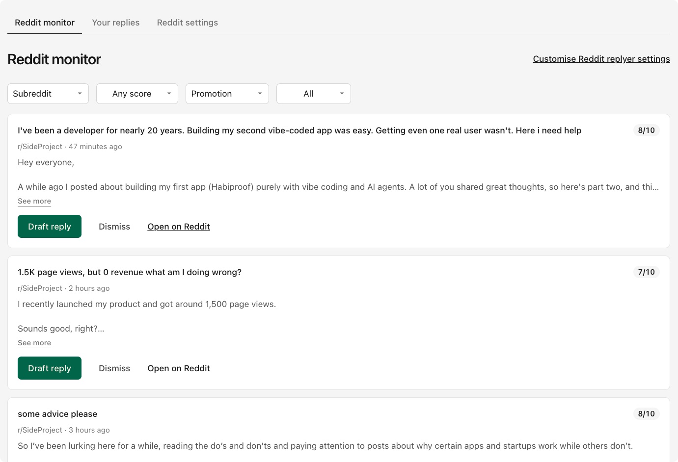 The Geograph Reddit monitor, listing scored Reddit threads with Draft reply buttons