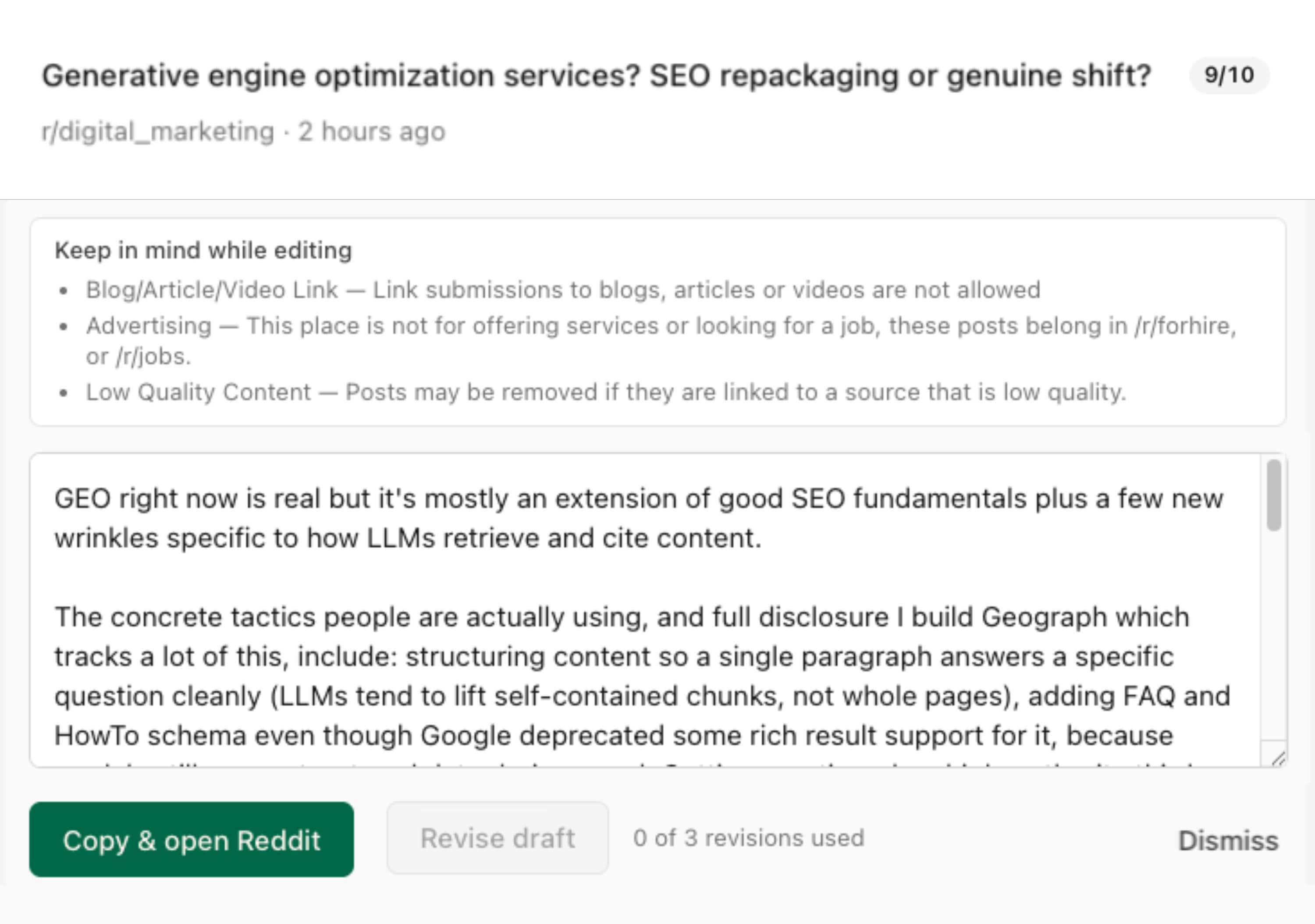A drafted Reddit reply ready to copy and post, with an option to revise the draft