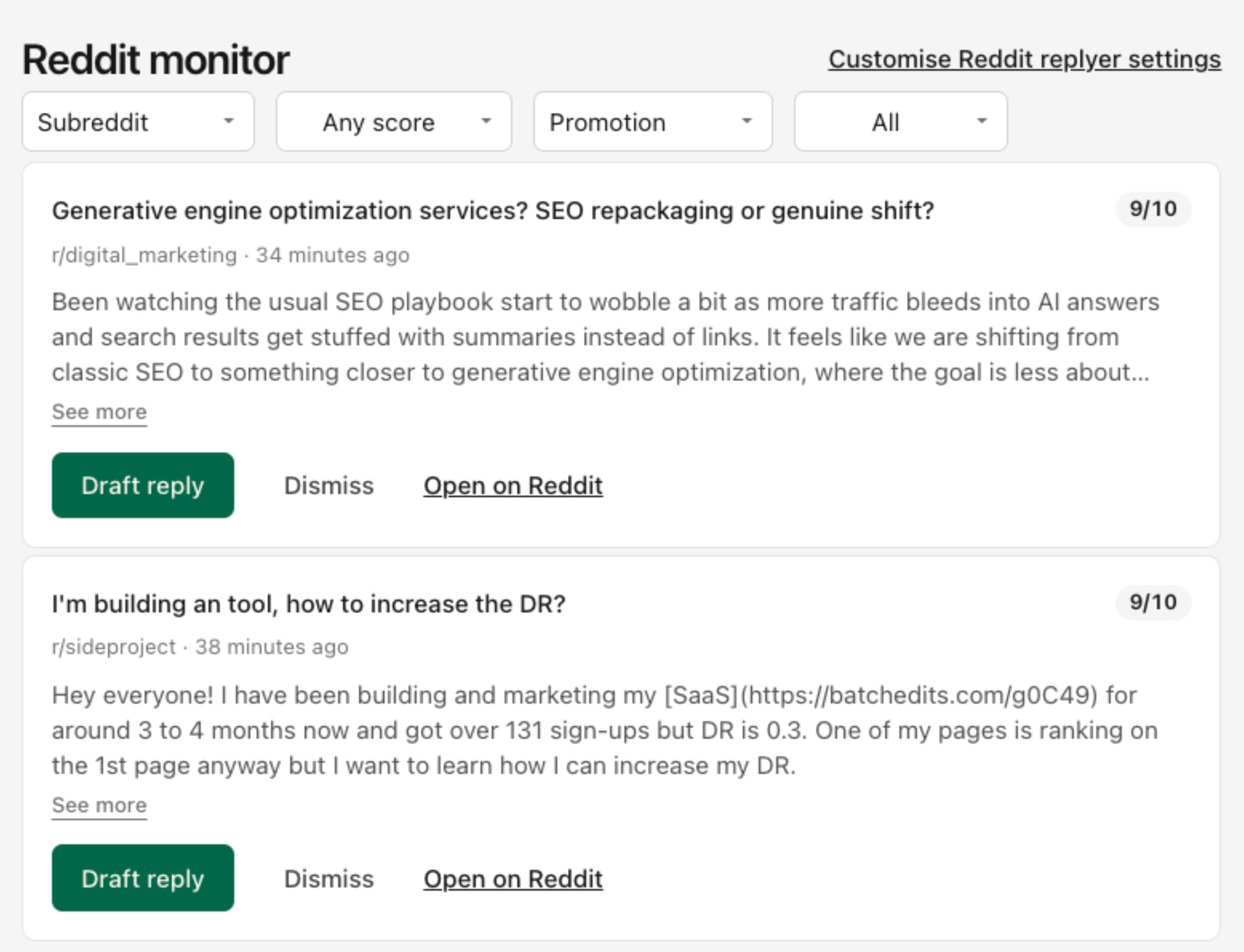 Reddit monitor feed showing scored threads with a Draft reply action for each